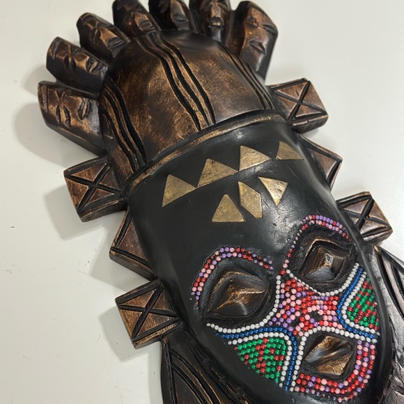 Vintage Handcrafted Wood Brass African Tribal Mask - Picture 5 of 13